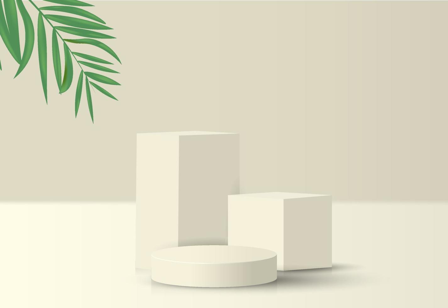 Abstract 3d podium for product presentation with geometric shapes, Empty round podium,Platforms for product presentation and shadows and light,Podium 3D empty pastel green with tropical leaf. vector