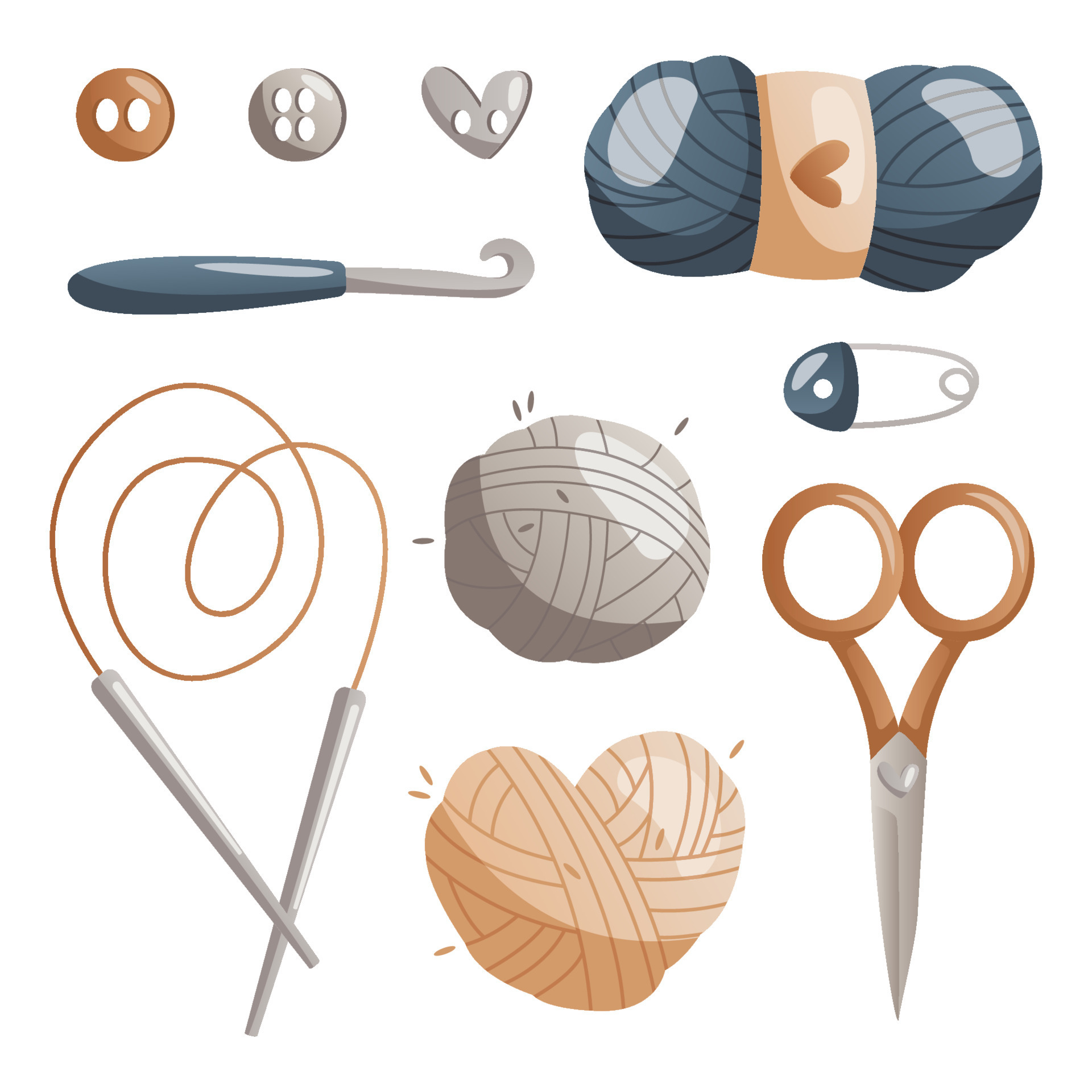 Set of balls of wool , needles, crochet hook, scissors, pin. Skein of