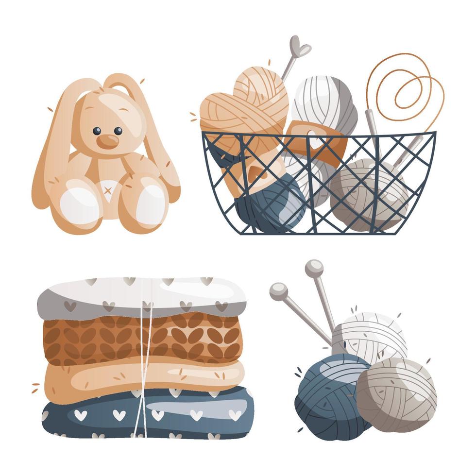 Set of basket with balls of wool , needles, clothes, toy rabbit. Skein of yarn. Tools, equipment for knitwork, handicraft. Handmade needlework, hobby at home. Knitting studio, workshop advertising. vector