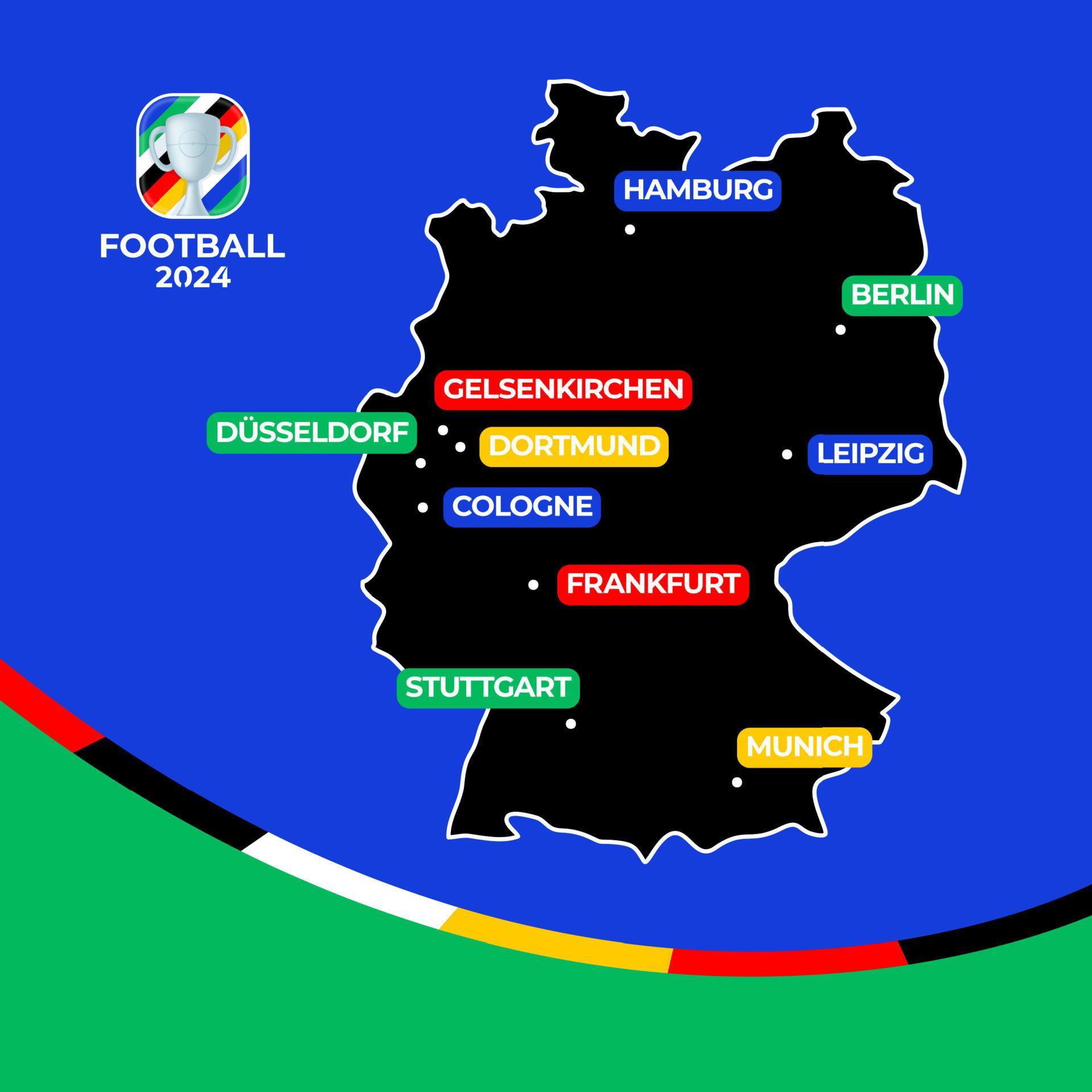 Football 2024 host cities. Vector map of Germany with cities hosting