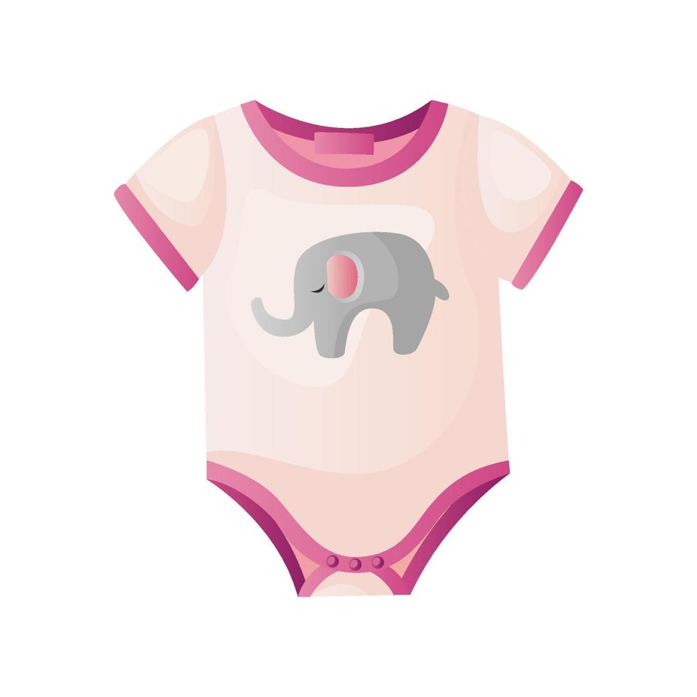 linda rosado bebé traje con elefante. niño mameluco, camiseta ropa. bebé ducha invitación. es un muchacha. Hola bebé celebracion, día festivo, evento. bandera, volantes. dibujos animados vector