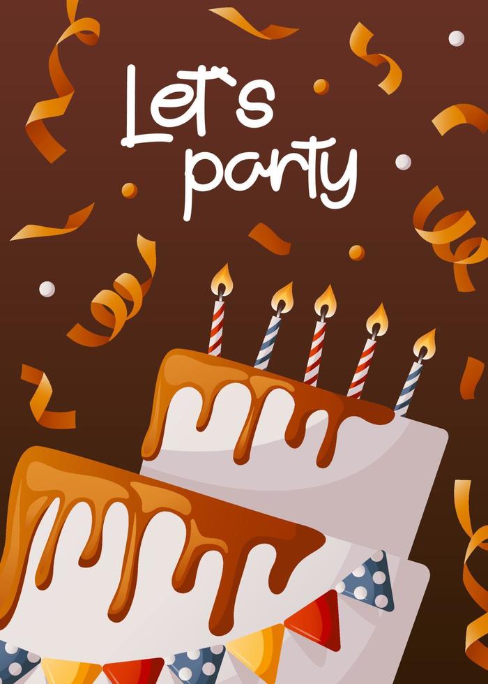 Birthday brown card with cake, candles, confetti, handwritten lettering. Birthday party, celebration, holiday, event, festive, congratulations. Banner, flyer, postcard, cover template. vector
