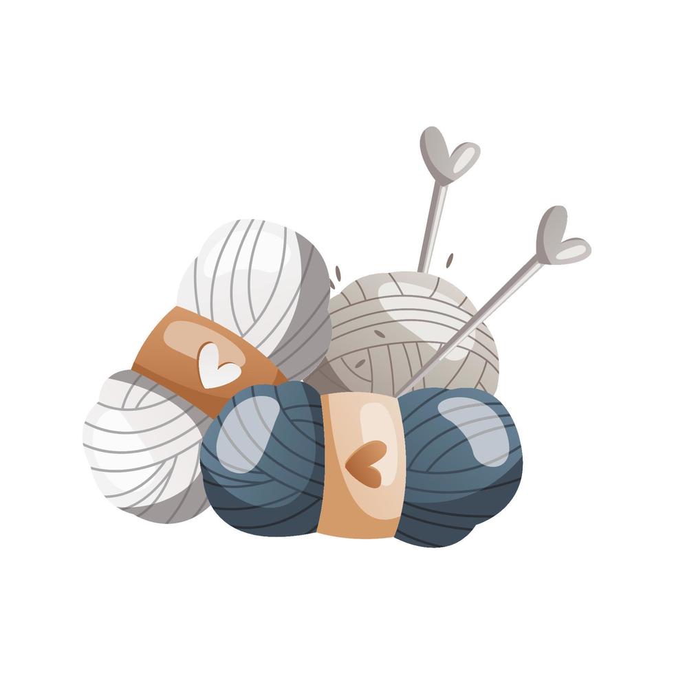Balls of wool for knitting with needles. Skein of yarn. Tools and equipment for knitwork, handicraft. Handmade needlework, hobby at home. Knitting studio, workshop advertising design. Cartoon vector