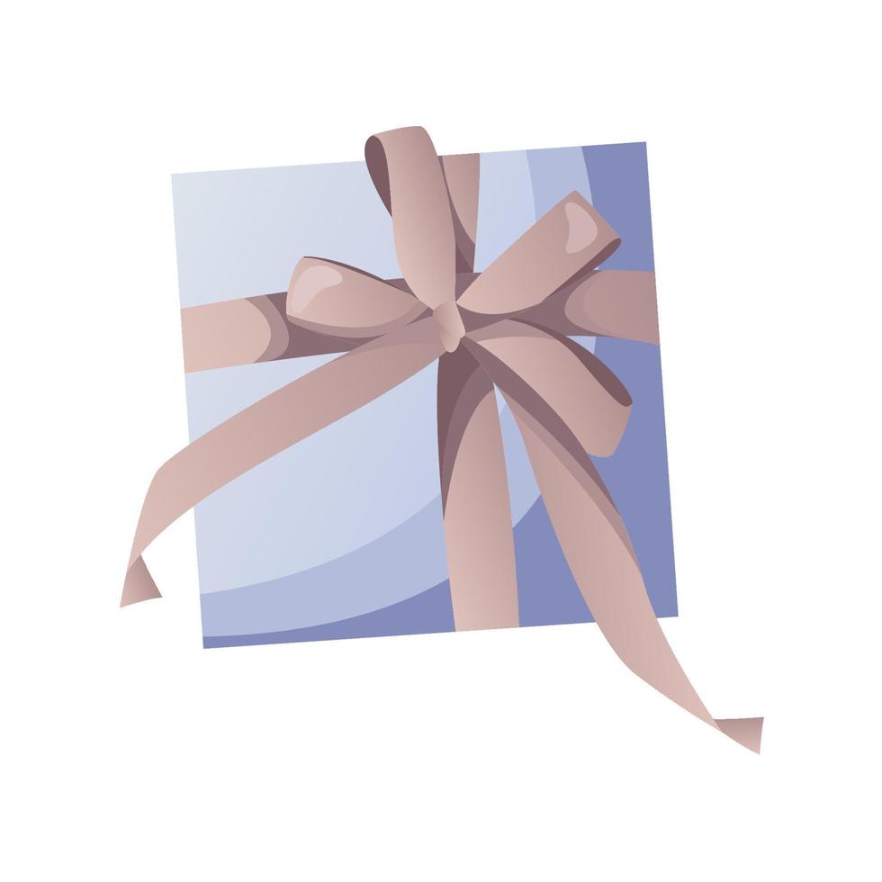 Blue gift box in wrapping paper with ribbon, grey bow. Surprise giftbox. International Women's Day, 8 March. Romantic Mother's Day design for greeting card, poster, postcard, flyer. vector