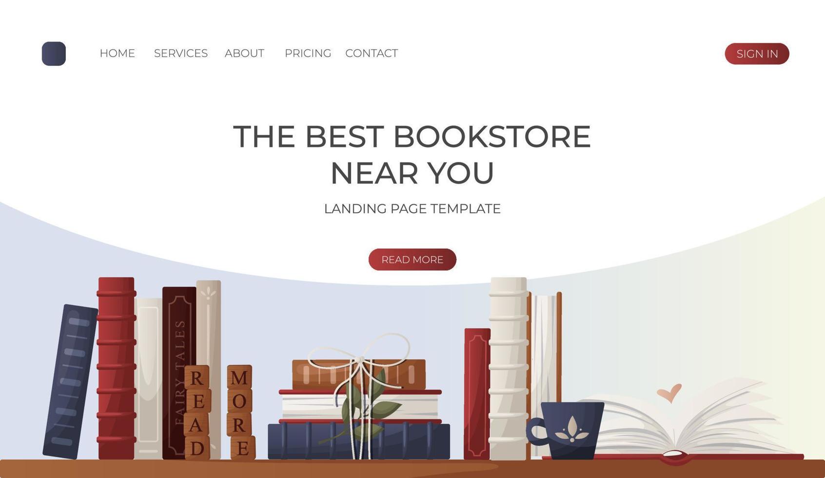 Landing page with reading bookshelve with stack of books with cup of tea, open book, wooden letter tiles. Bookstore, bookshop, library, book lover, bibliophile, education. For banner, website vector