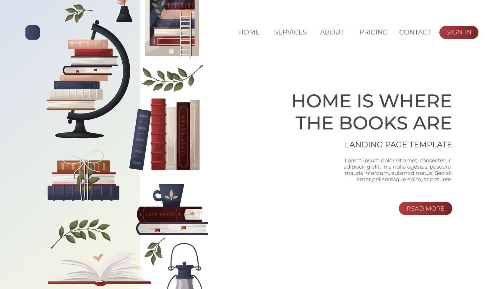 Landing page with reading stack of books with cup, open book, wooden letter tiles, lantern, globe, inkwell. Bookstore, bookshop, library, book lover, bibliophile, education. For banner, website vector