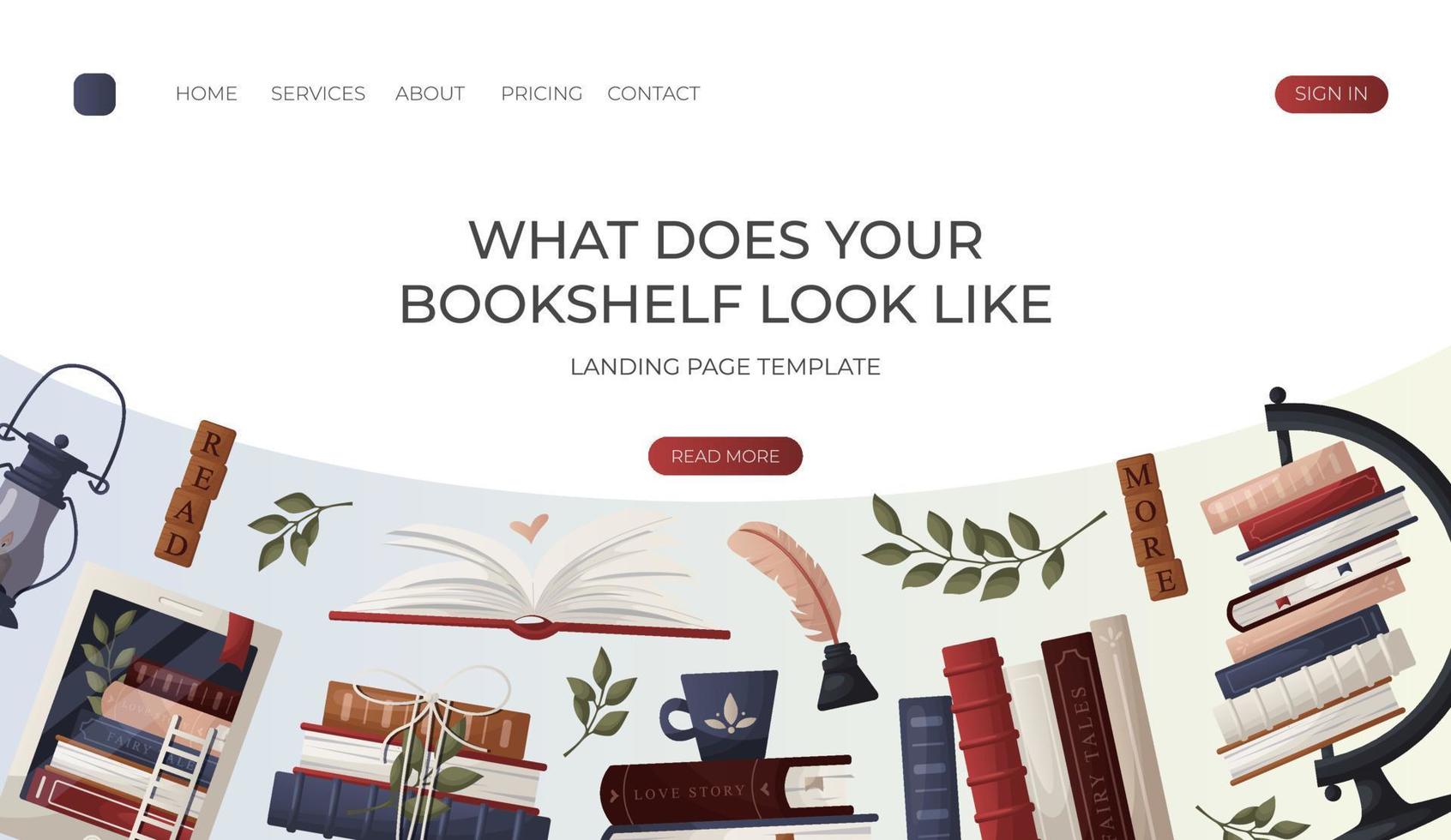 Landing page with reading stack of books with cup, open book, wooden letter tiles, lantern, globe, inkwell. Bookstore, bookshop, library, book lover, bibliophile, education. For banner, website vector