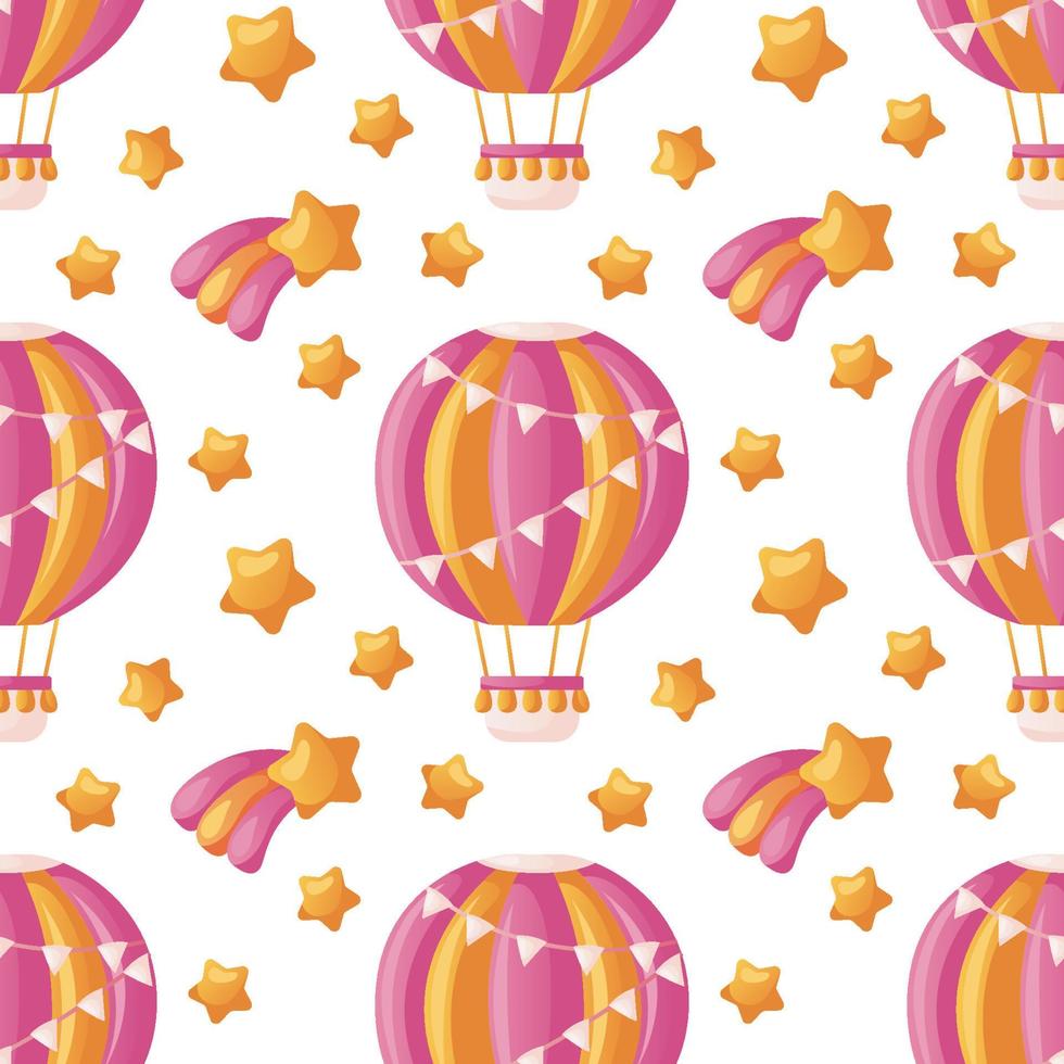 Pattern with cute pink babys hot air balloon with flying flags, falling star. Boho colorful aerostat for children, nursery. Baby shower invitation. It's a girl. Hello baby celebration, holiday, event vector