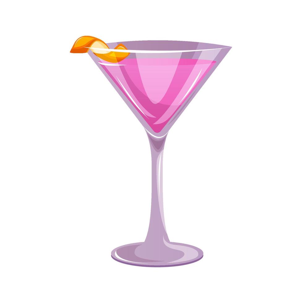 Cosmopolitan classic cocktail with vodka, cranberry juice. Italian aperitif cocktails. Alcoholic beverage for drinks bar menu. Beach Holidays, summer vacation, party, cafe bar, recreation. vector