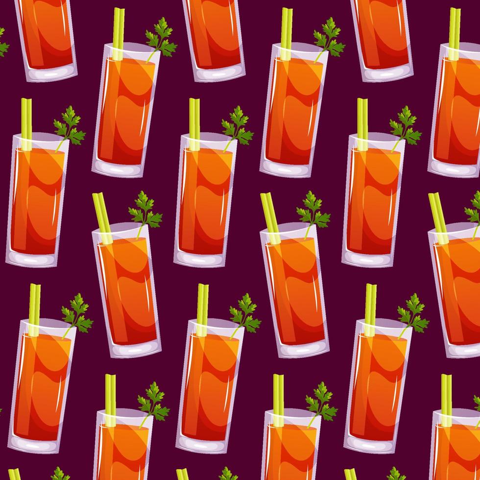 Seamless pattern with Bloody Mary classic cocktail with celery. Italian aperitif cocktails. Alcoholic beverage for drinks bar menu. Beach Holidays, summer vacation, party, cafe bar, recreation. vector