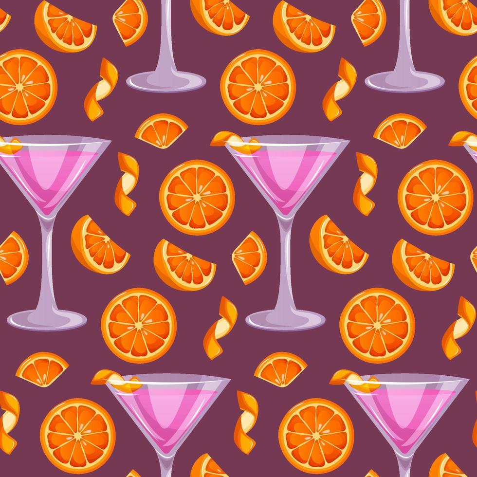 Seamless pattern Cosmopolitan classic cocktail with orange. Italian aperitif cocktails. Alcoholic beverage for drinks bar menu. Beach Holidays, summer vacation, party, cafe bar, recreation. vector