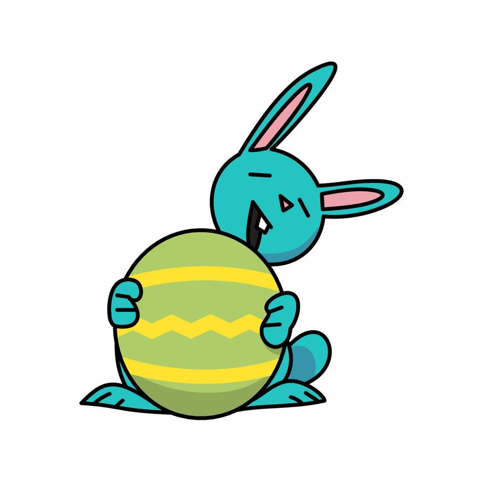 blue easter bunny holding green easter egg flat vector illustration.