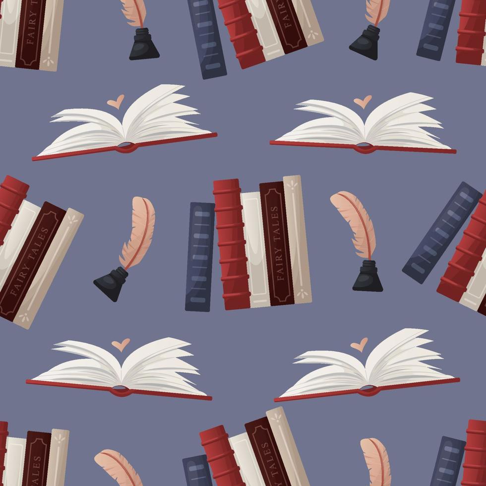Seamless pattern with open huge book with heart, reading stack of books, inkwell. Bookstore, bookshop, library, book lover, bibliophile, education for poster, banner, website. vector