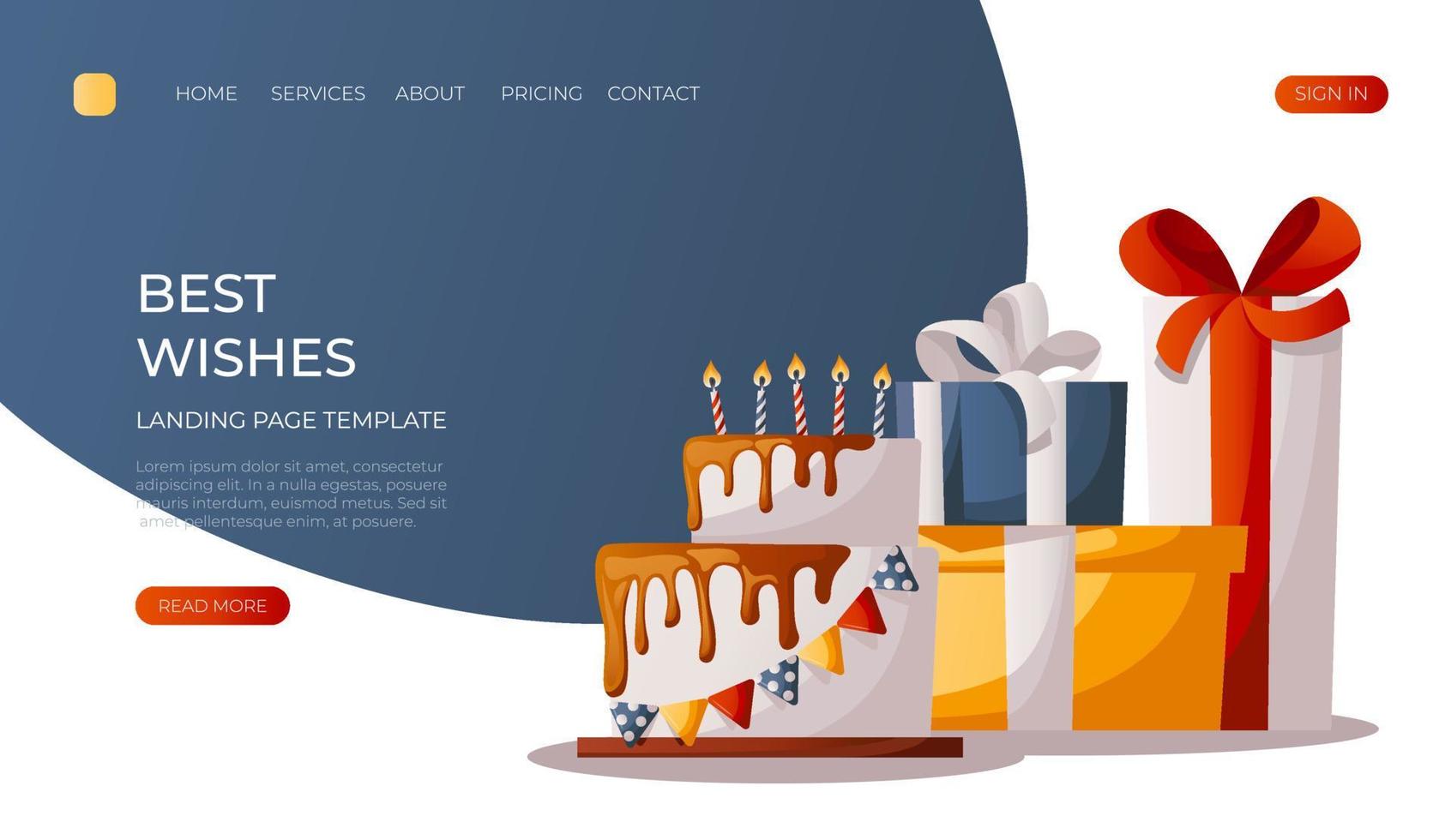 Landing page with festive cake chocolate with burning candles, bunch of gift boxes in wrapping paper. Birthday party, celebration, holiday, event, bakery, tasty food concept. For banner, web vector
