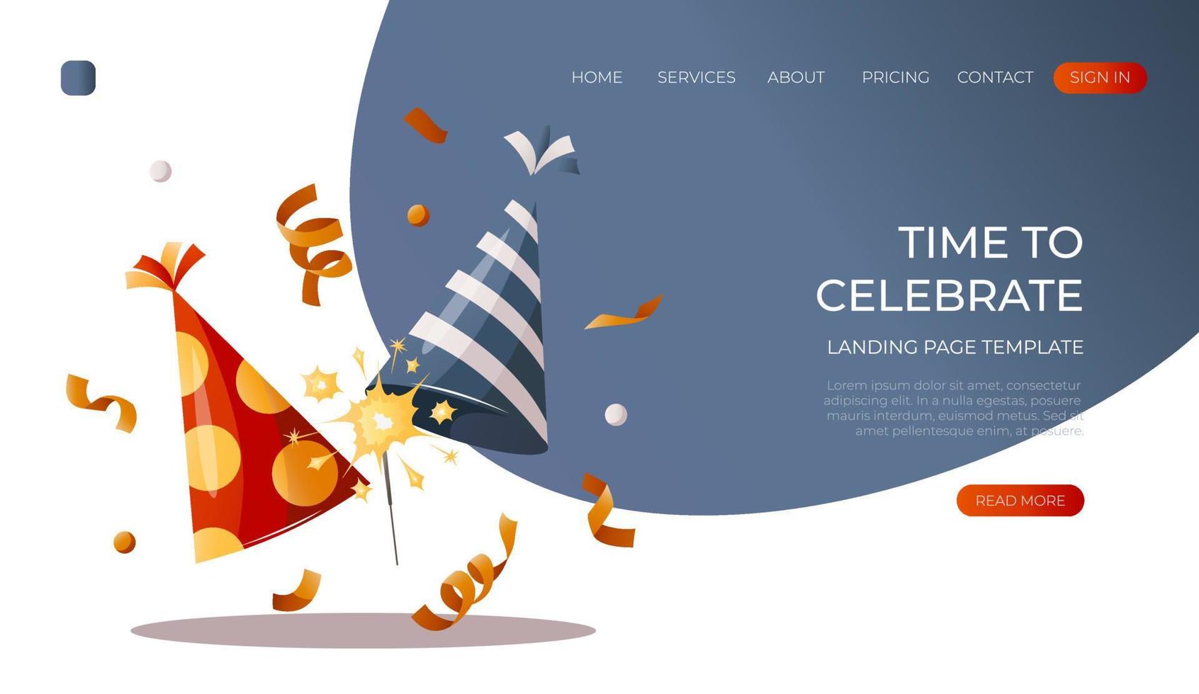 Landing page with festive party cone, hats, sparkle. Caps from paper for entertainment. Birthday party, celebration, holiday, event, bakery, tasty food concept. For banner, website. vector