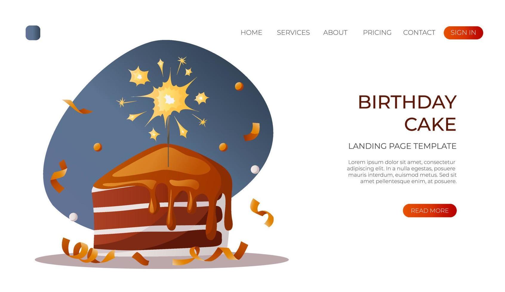 Landing page with piece of cake with melted chocolate glaze icing , burning sparkler. Cheesecake slice. Birthday party, celebration, holiday, event, bakery, tasty food concept. For banner, web vector