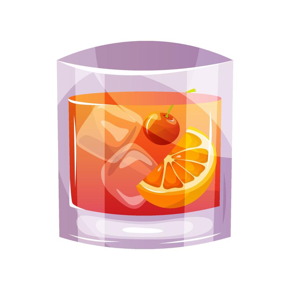 Old Fashioned classic cocktail with bourbon,orange,cherry, ice. Italian aperitif cocktails. Alcoholic beverage for drinks bar menu. Beach Holidays, summer vacation, party, cafe bar, recreation. vector