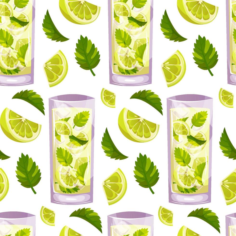 Seamless pattern with Mojito classic cocktail with lime, mint. Italian aperitif cocktails. Alcoholic beverage for drinks bar menu. Beach Holidays, summer vacation, party, cafe bar, recreation. vector