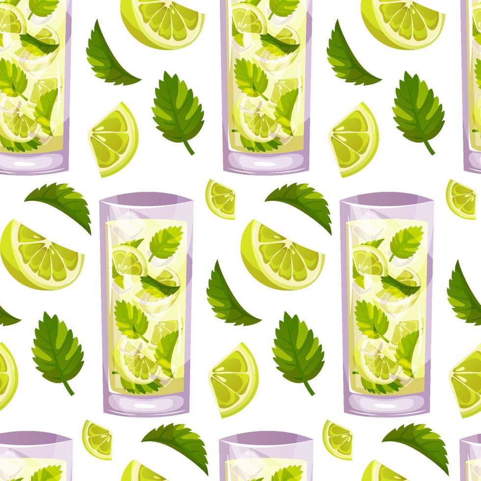 Seamless pattern with Mojito classic cocktail with lime, mint. Italian aperitif cocktails. Alcoholic beverage for drinks bar menu. Beach Holidays, summer vacation, party, cafe bar, recreation. vector