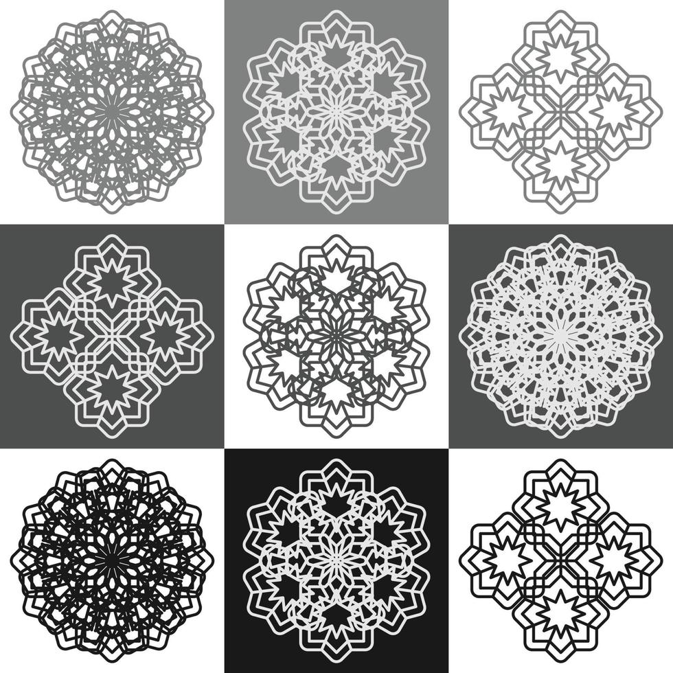 Vector set of abstract mandala design illustrations, ornaments in ethnic style. Islamic border background