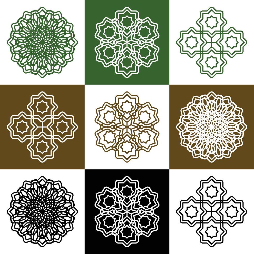 Vector set of abstract mandala design illustrations, ornaments in ethnic style. Islamic border background