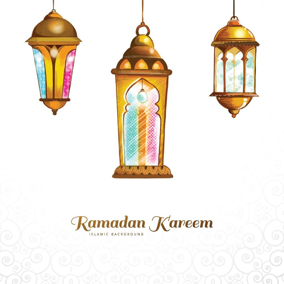 Ramadan kareem three colorful traditional islamic lamps card background vector