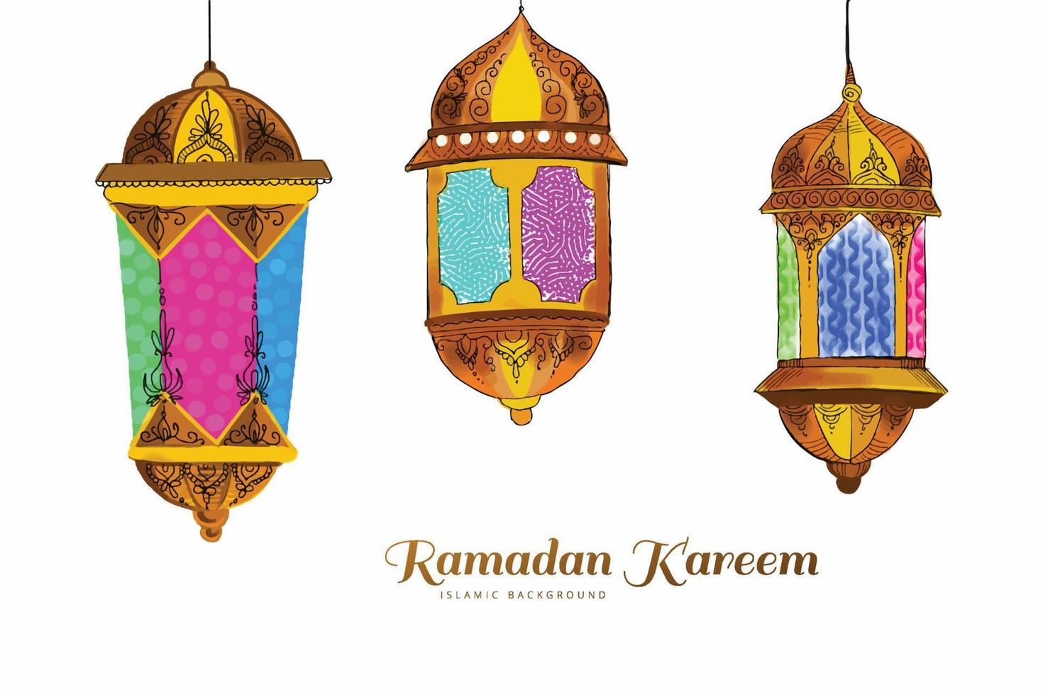 Ramadan kareem three colorful traditional islamic lamps card background vector