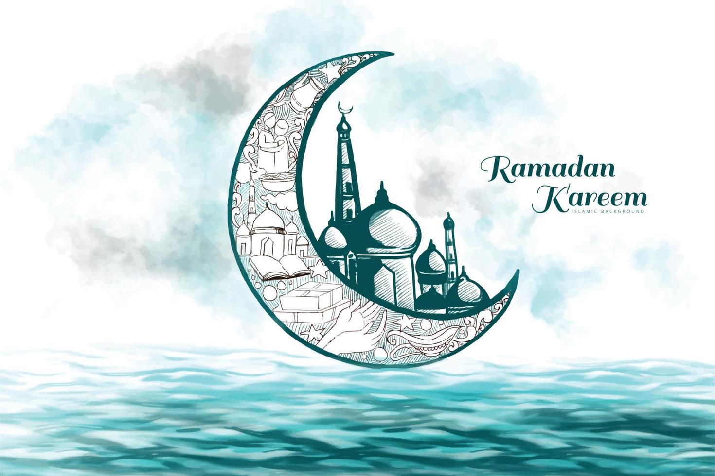 Ramadan kareem islamic watercolor moon greeting card background vector