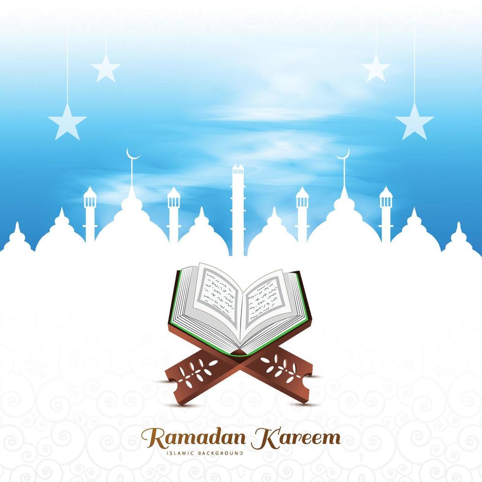 Holy book of the koran on the stand ramadan kareem card background vector