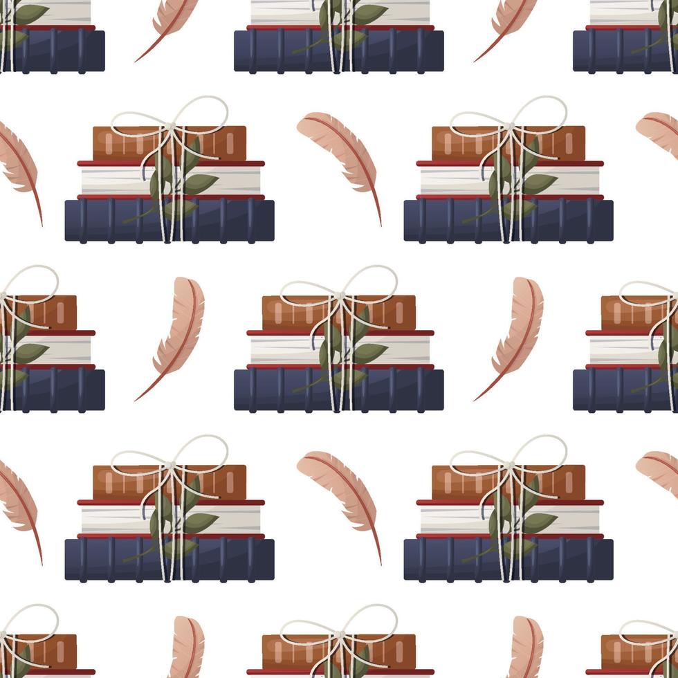 Seamless pattern with stack of books with bow, feather. School books pile. Book heap. Bookstore, bookshop, library, book lover, bibliophile, education for poster, banner, website vector