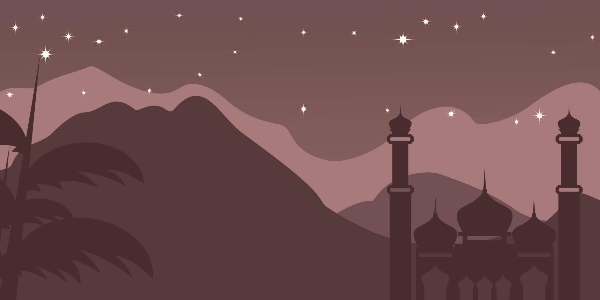 Islamic dark brown mountains background, with ornamented silhouette of mosque and night stars. Vector template for banners, greeting cards for Islamic holidays.