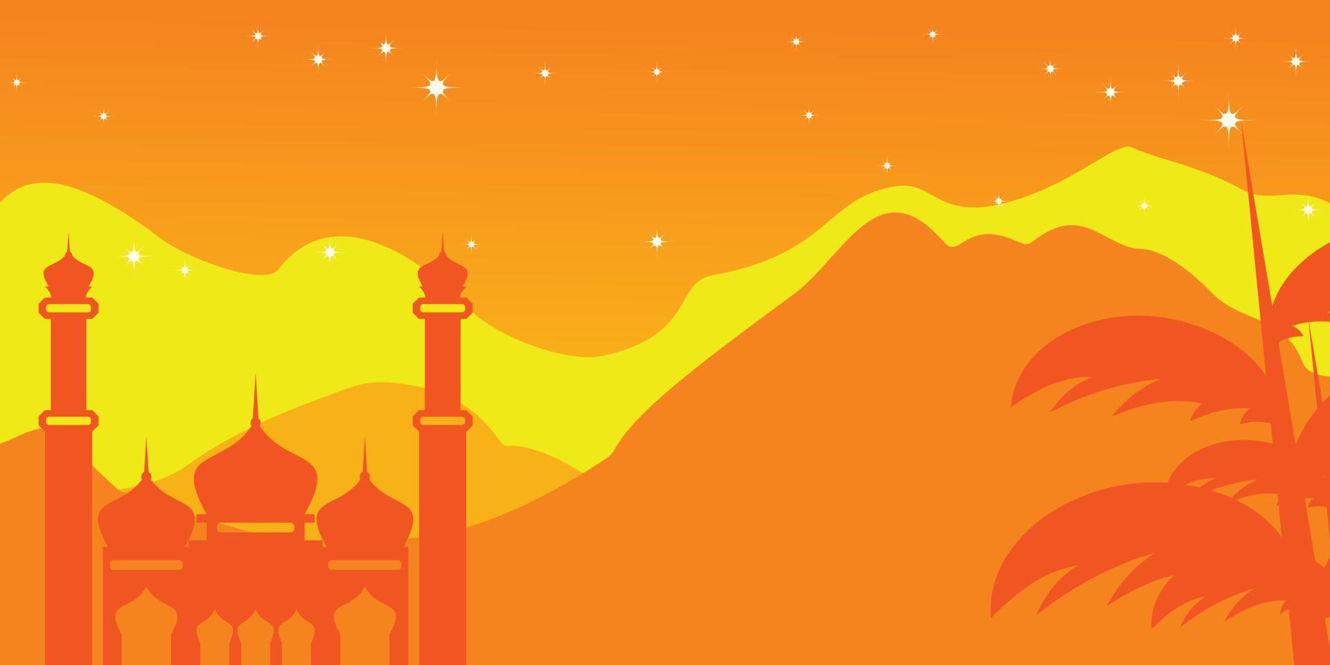 Islamic orange mountains background, with ornamented silhouette of mosque and night stars. Vector template for banners, greeting cards for Islamic holidays.