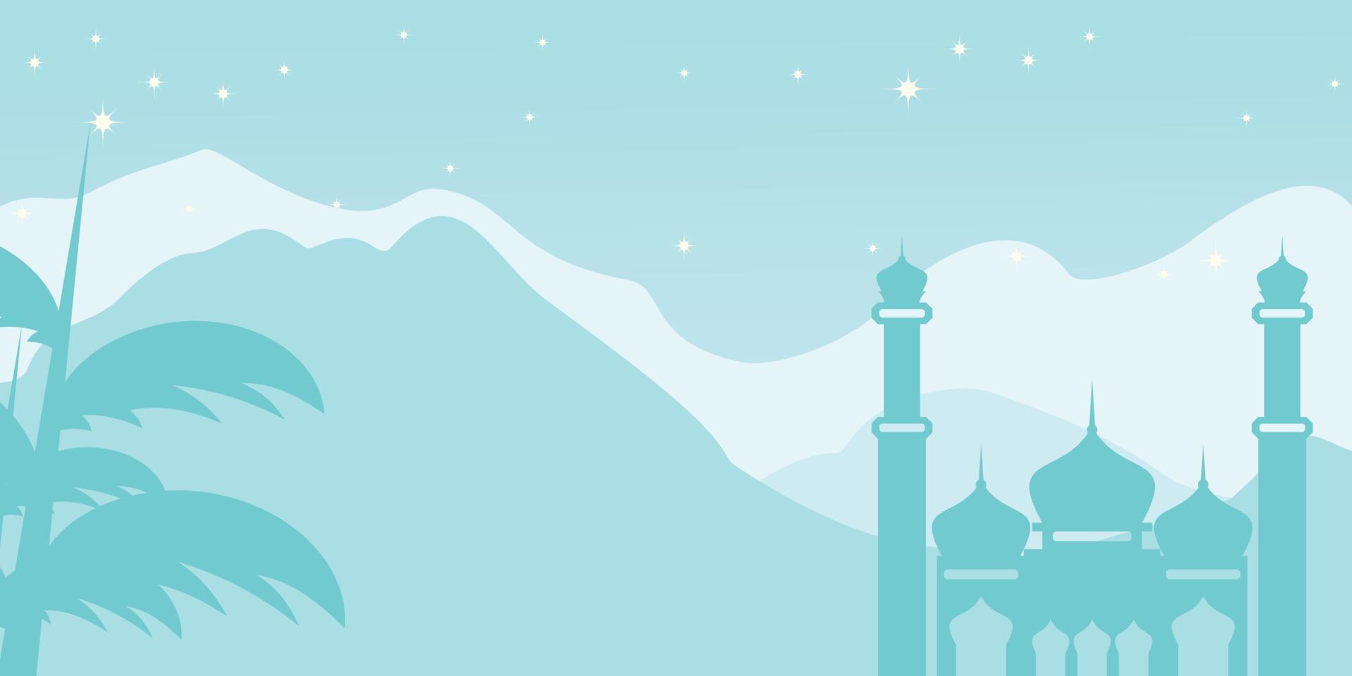 Islamic blue mountains background, with ornamented silhouette of mosque and night stars. Vector template for banners, greeting cards for Islamic holidays.