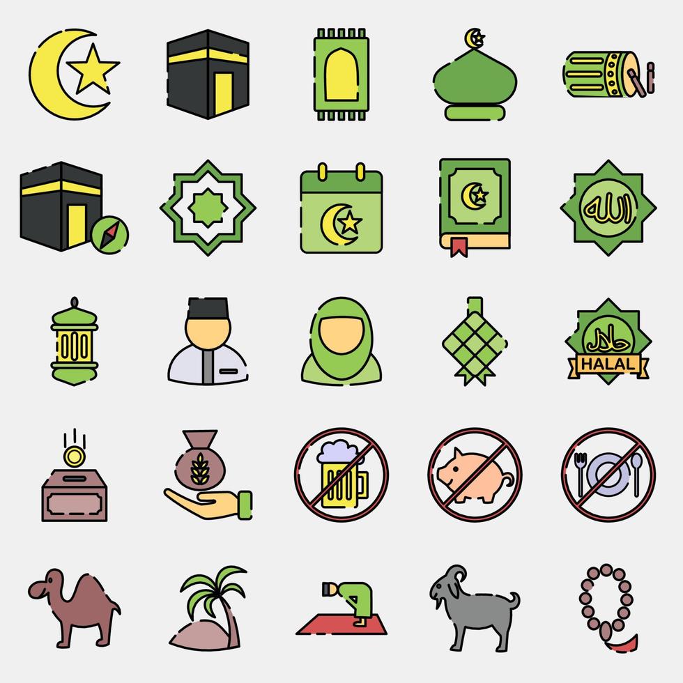 icono conjunto de islámico. islámico elementos de Ramadán, eid Alabama fitr, eid Alabama adha. íconos en lleno línea estilo. bueno para huellas dactilares, carteles, logo, decoración, saludo tarjeta, etc. vector