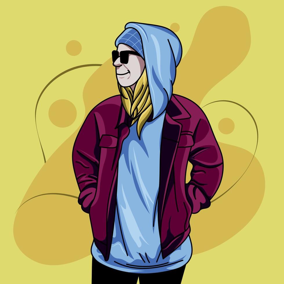 illustration of a very cool girl with glasses and a burgundy jacket, vectorized illustration, with lights and shadows on a yellow background vector