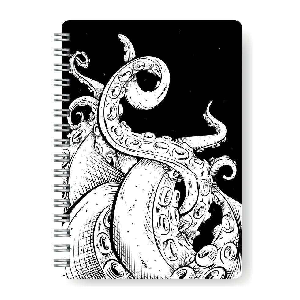 dibujo en vector ilustración para cuaderno con tentáculos de un gigante pulpo en negro y blanco colores