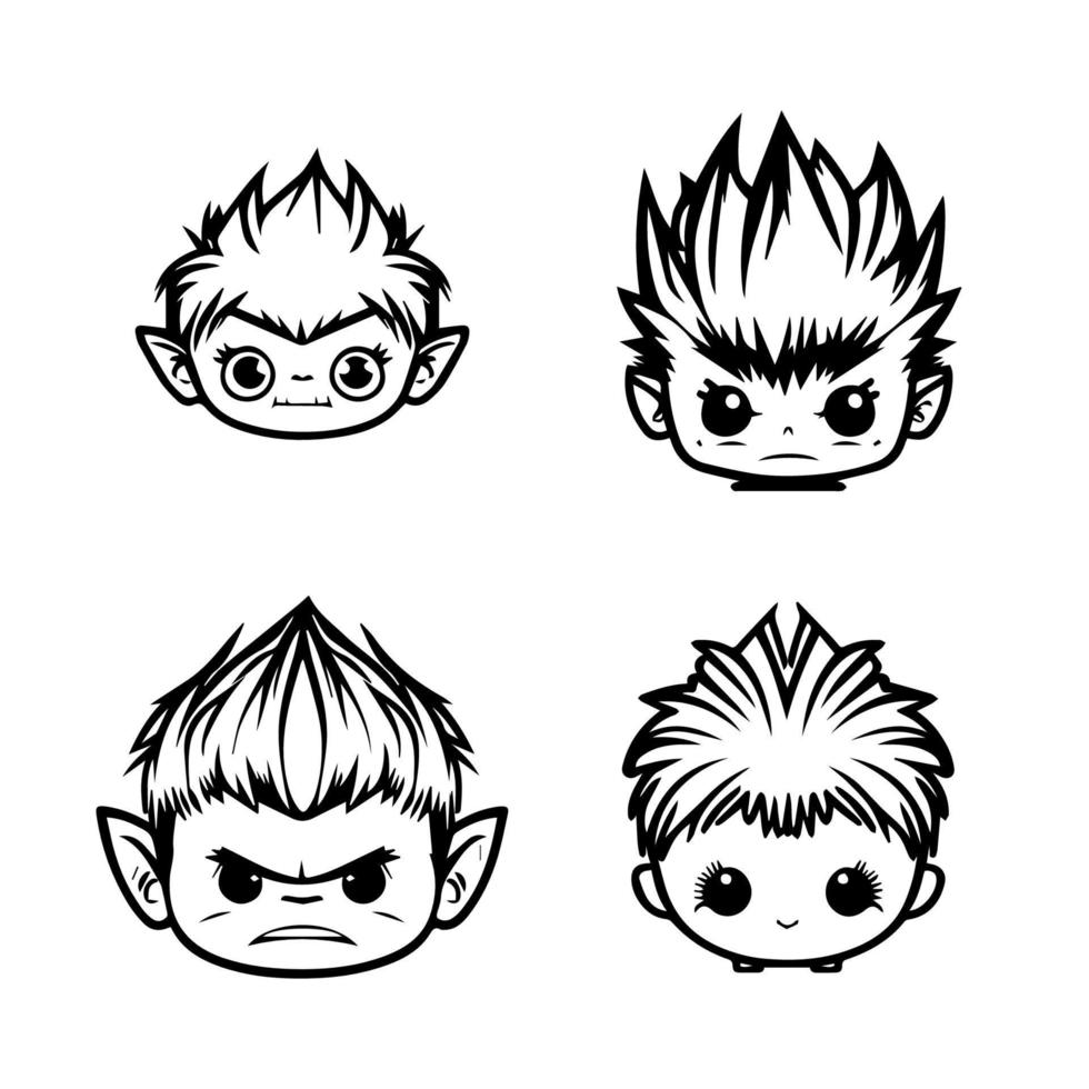 A cute anime troll head collection set featuring Hand drawn line art illustrations. Perfect for fans of fantasy creatures and kawaii art vector