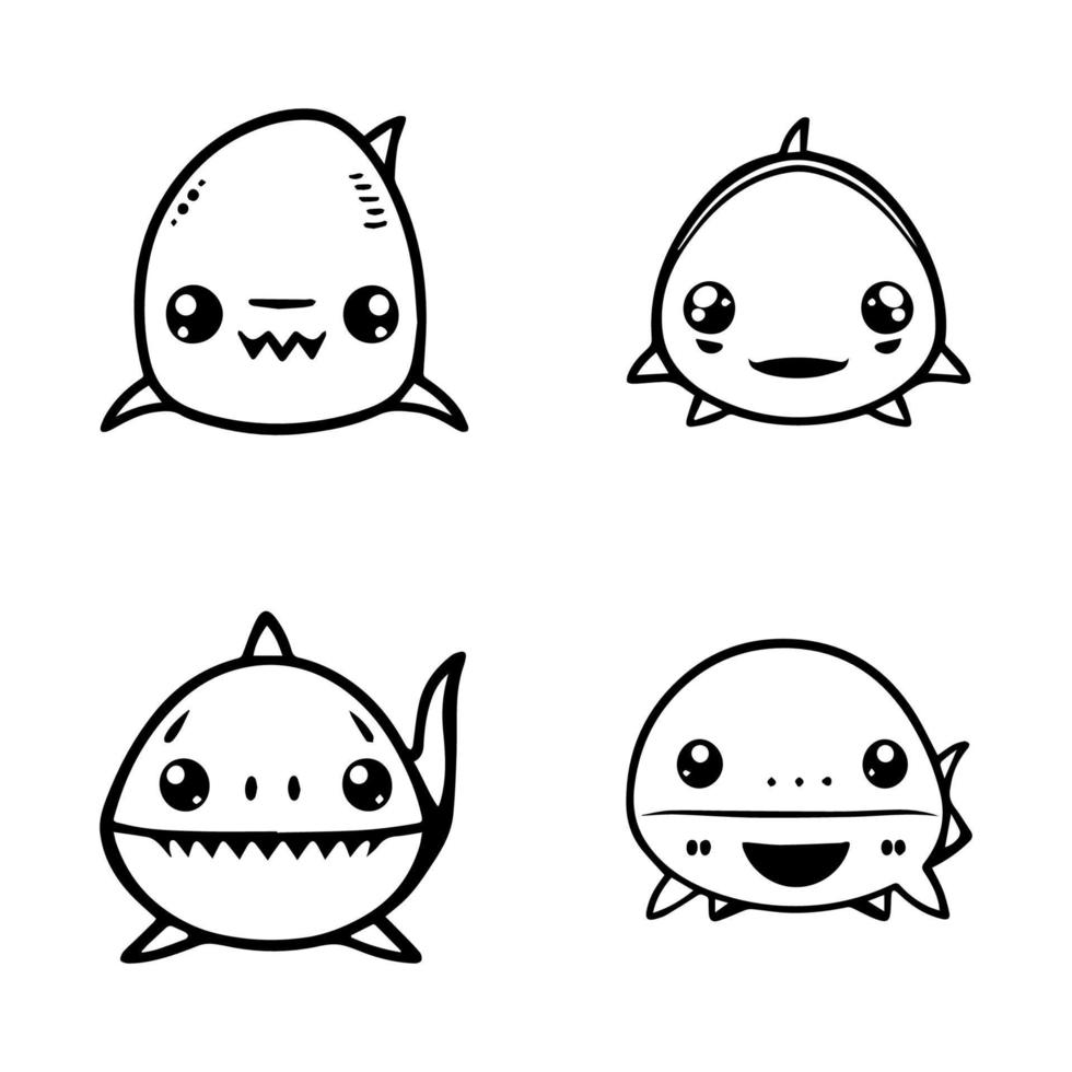 A collection of cute and charming kawaii shark logos, each Hand drawn in whimsical line art style. Perfect for branding and merchandise design vector