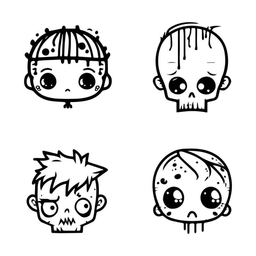 Playful and quirky Hand drawn kawaii zombie head collection set, featuring cute and charming line art illustrations of undead cuteness vector