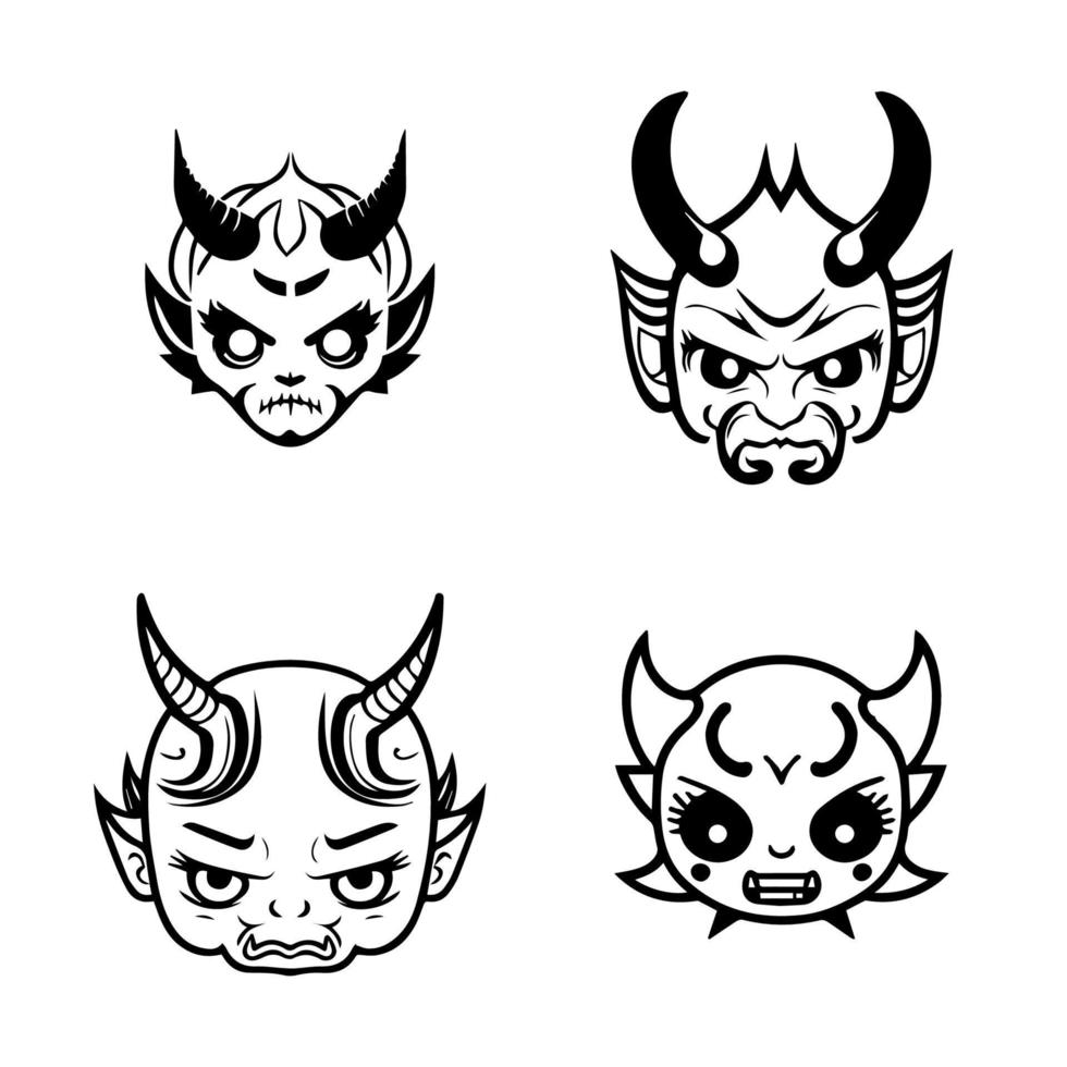 Delightful Hand drawn kawaii oni mask collection set, showcasing cute and charming line art illustrations of traditional Japanese folklore vector