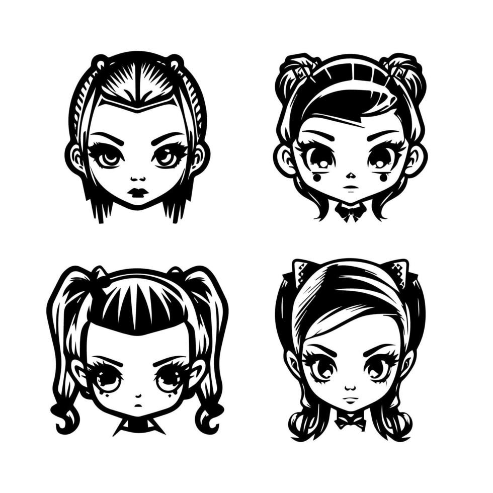Charming and playful Hand drawn kawaii gangster girl collection set, featuring cute and quirky line art illustrations with a hint of attitude vector