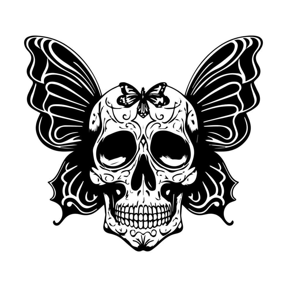 A stunning black and white line art illustration of a skull with a butterfly body, intricately Hand drawn to capture its beauty and mystery vector