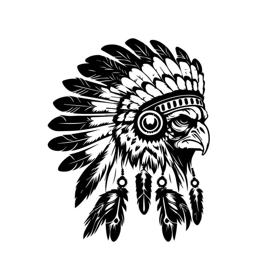 A majestic owl wearing an Indian chief headdress, Hand drawn in detailed and intricate line art illustration vector