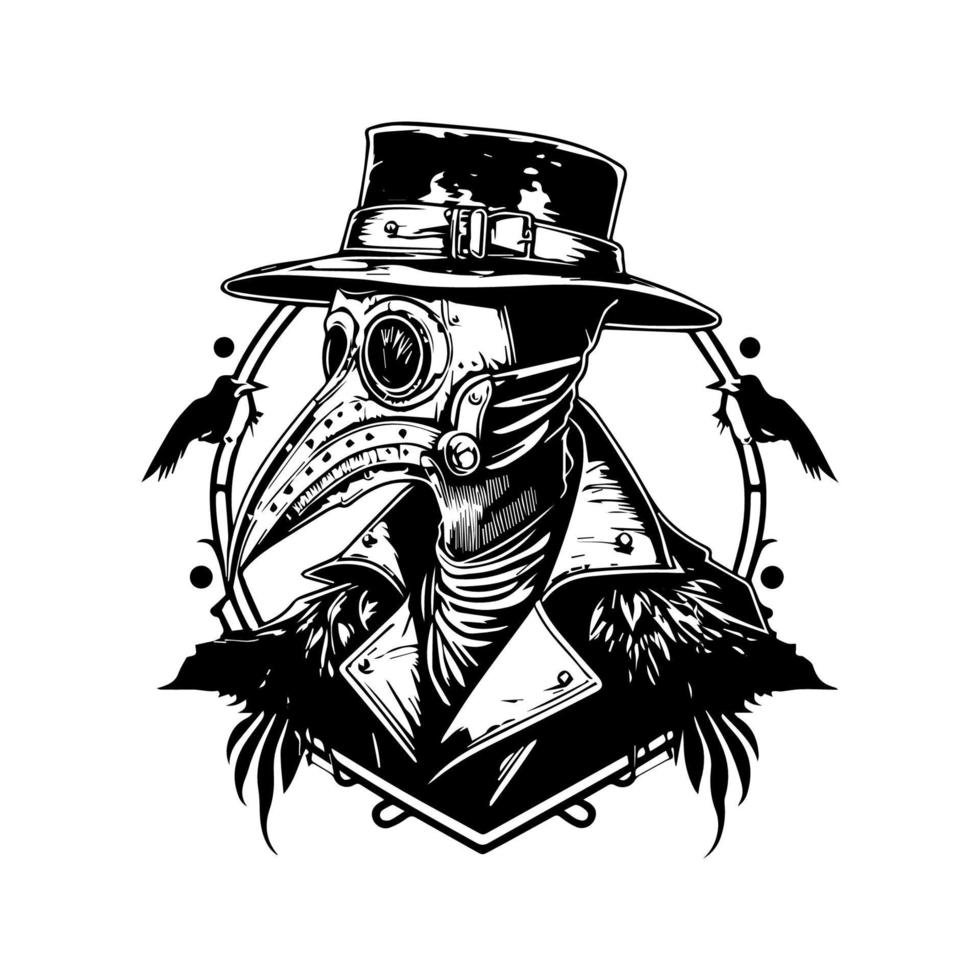 Dark and haunting Hand drawn line art illustration of Doctor Plague, evoking a sense of mystery and intrigue vector