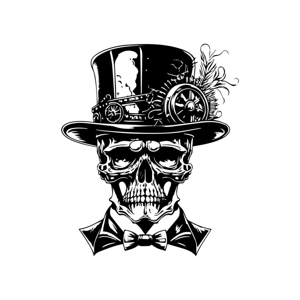 A stylish skull wearing a vintage steampunk hat, Hand drawn with intricate line art details, perfect for creative designs and merchandise vector