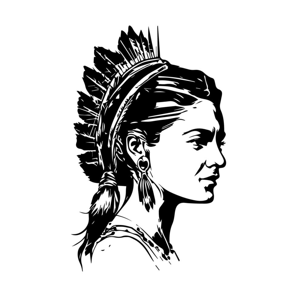 A stunning Hand drawn illustration of a beautiful girl wearing an Indian chief headpiece, with intricate details and shading vector