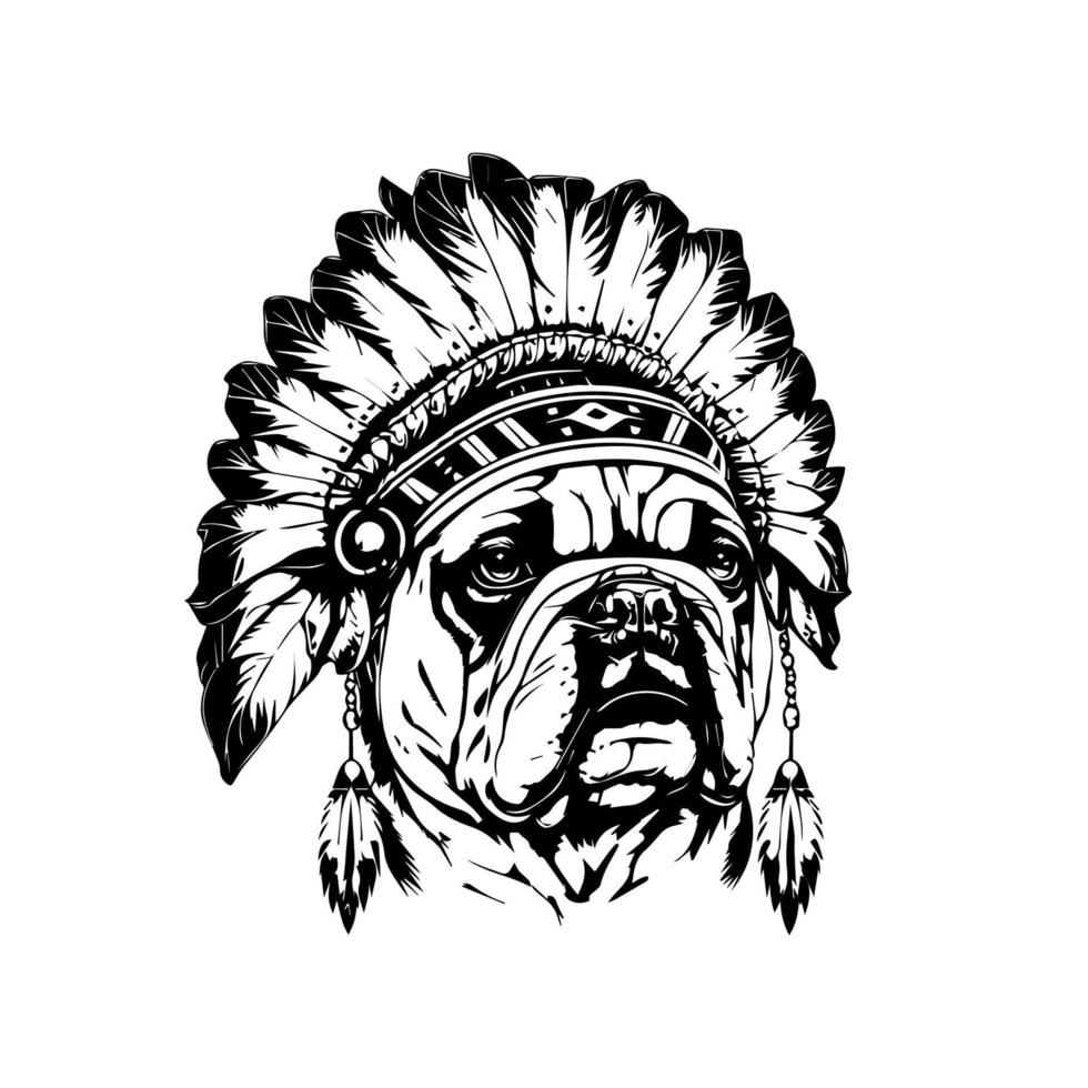 un buldog vistiendo indio jefe sombrerería en mano dibujado línea Arte ilustración, Perfecto para Deportes equipos, mascotas, o logos vector
