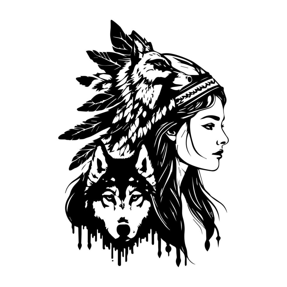 A stunning Hand drawn illustration of a beautiful girl wearing an Indian chief headpiece, with intricate details and shading vector