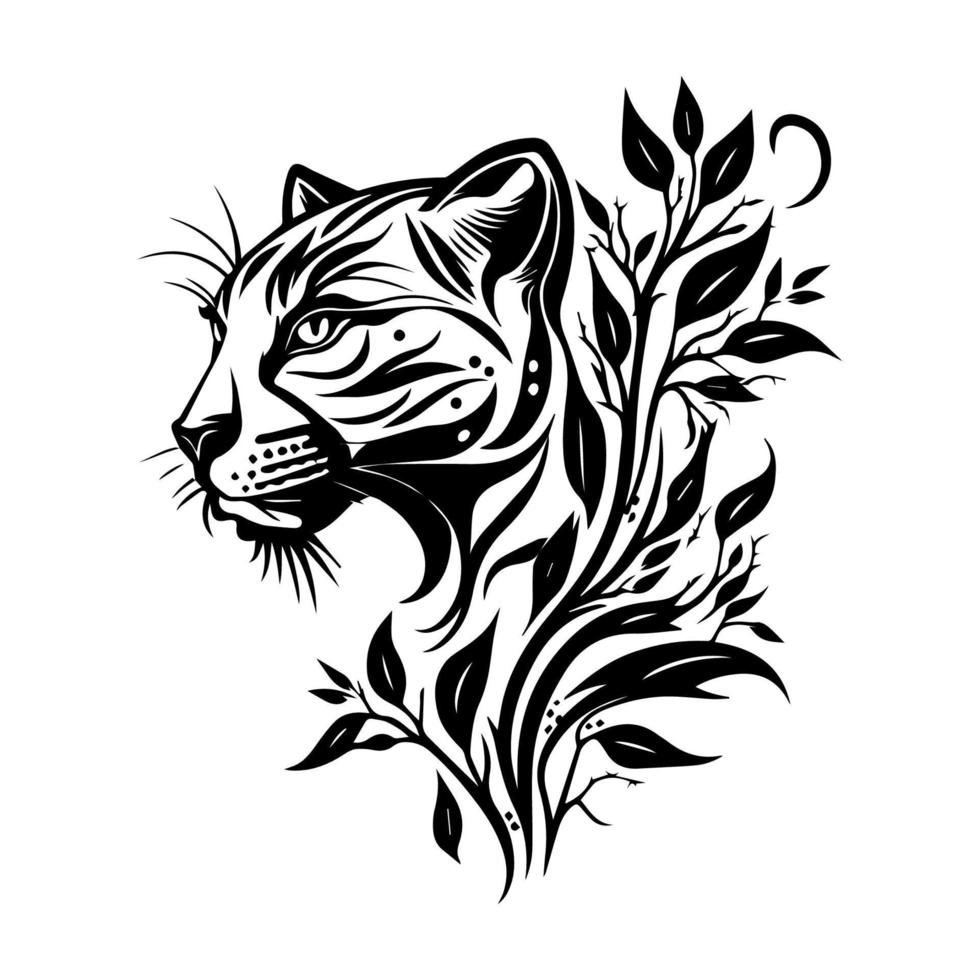 A fierce panther head in tribal tattoo style, depicted in black and white line art Hand drawn illustration vector