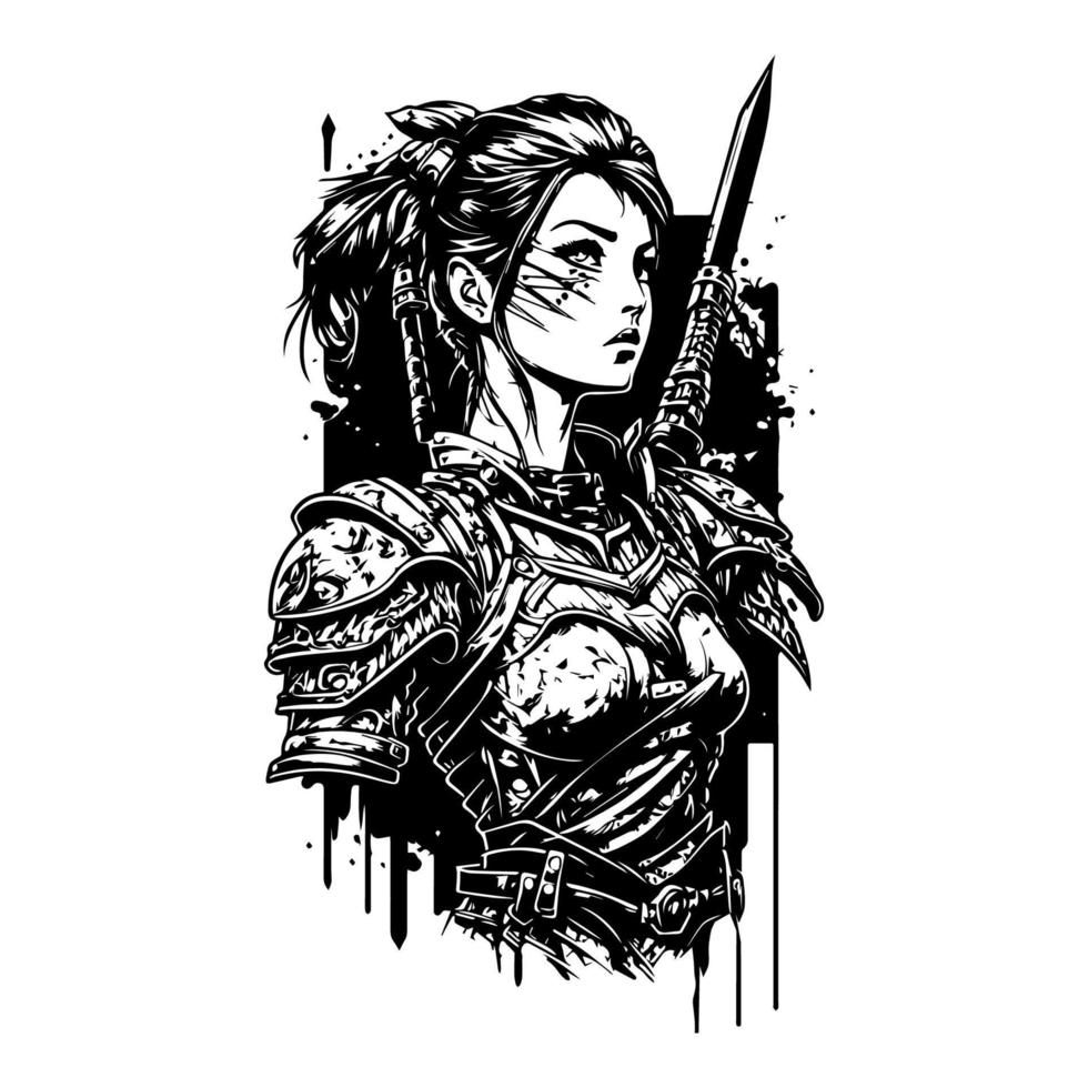 A fierce Japanese samurai girl illustrated in Hand drawn line art, showcasing her upper body with intricate details and bold strokes vector